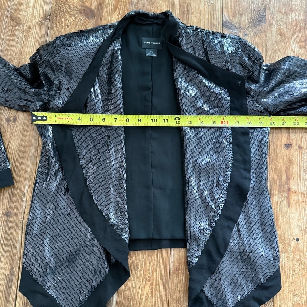 Club Monaco Cora Black Sequin Open Front Silk Blazer Jacket Women's Medium EUC - Picture 10 of 13